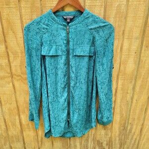 Rock And Republic Emerald Green Zip Front Adjustable Sleeves Blouse Size XS